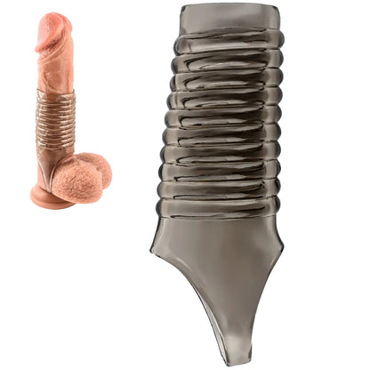 Manson de penis LovePlay™ din silicon premium, cu efect de intarziere a ejacularii, design striat pentru stimulare intensa, fixare sigura cu inel de prindere, negru, 11.5 x 3.5 cm - LovePlay