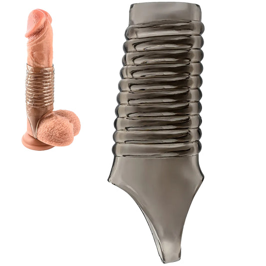 Manson de penis LovePlay™ din silicon premium, cu efect de intarziere a ejacularii, design striat pentru stimulare intensa, fixare sigura cu inel de prindere, negru, 11.5 x 3.5 cm - LovePlay