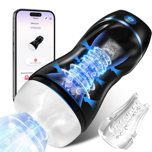 Masturbator automat LovePlay™ SuckMistress, cu 3 niveluri de suctiune, 7 moduri de vibratie, canal 3D realist, control prin aplicatie, maini libere, reincarcabil USB-C, pentru barbati - LovePlay
