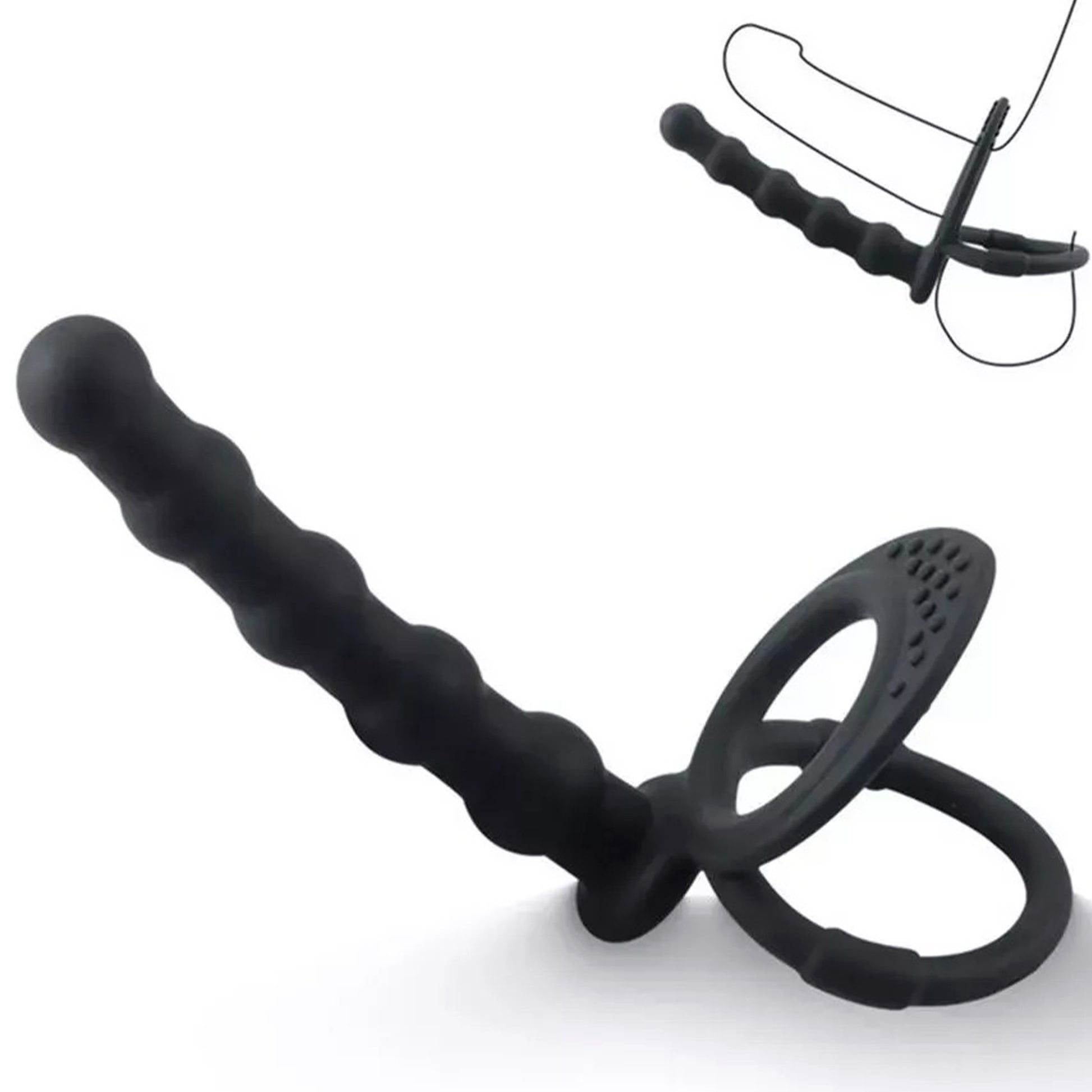 Strap on Dildo LovePlay™ DoubleD, cu inele de prindere si striatii sferice, pentru masaj punct G sau penetrare anala, din silicon non-toxic - LovePlay