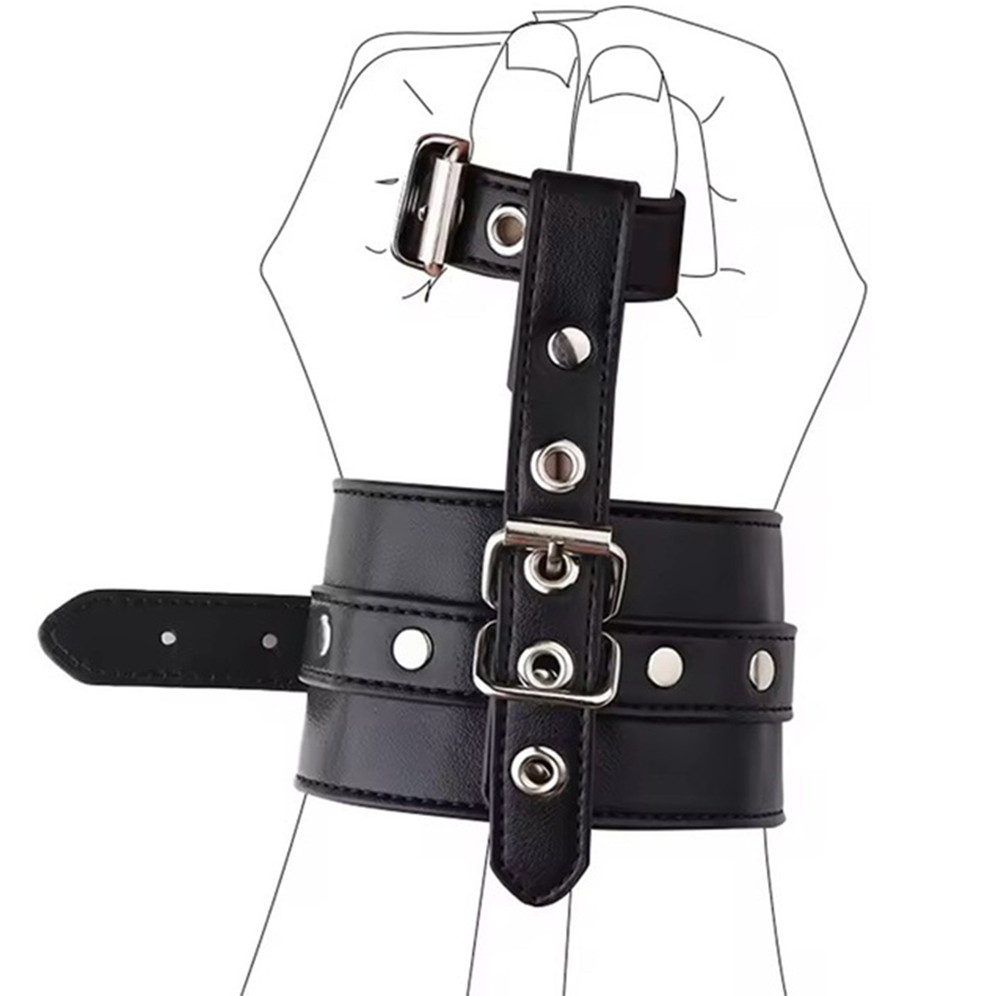 Catuse LovePlay™ BadGirl, BSDM, din piele ecologica, cu detalii argintii, ajustabile, cu doua prinderi prin curea, negre, 36.6 cm, 16.7 cm, 13.7 cm, 86 g - LovePlay