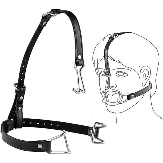 Set BSDM TiedUp LovePlay™ din piele ecologica pentru retinere faciala, cu carlig pentru nas si retractor pentru obraji, ajustabil, cu prindere prin curea, 50 x 48 cm - LovePlay