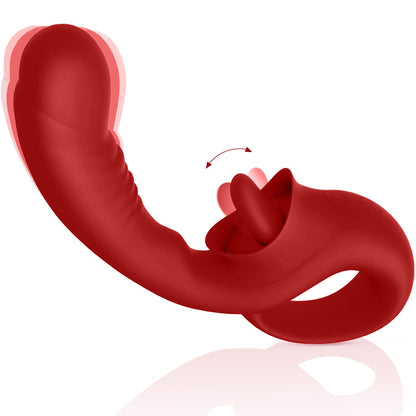 Vibrator LovePlay™ 2 in 1 FrenchKiss, 10 tipuri diferite de vibratie, stimulare vaginala si clitoridiana, pentru senzatie orala, rezistent la apa, silentios, incarcare USB, din silicon, cu functie de dildo, rosu - LovePlay
