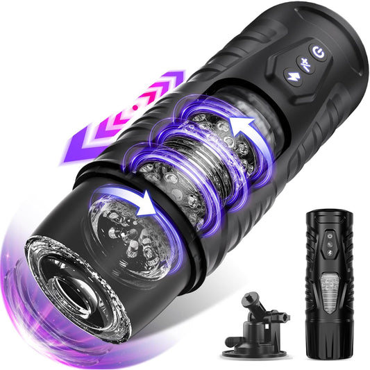 Masturbator automat LovePlay™ HardMode, cu 7 moduri de rotatie, 7 moduri de suctie, functie Turbo Orgasm, control prin aplicatie, ecran LCD, baza cu ventuza ajustabila 180°, fereastra vizuala, striatii 3D, reincarcabil prin USB, impermeabil - LovePlay