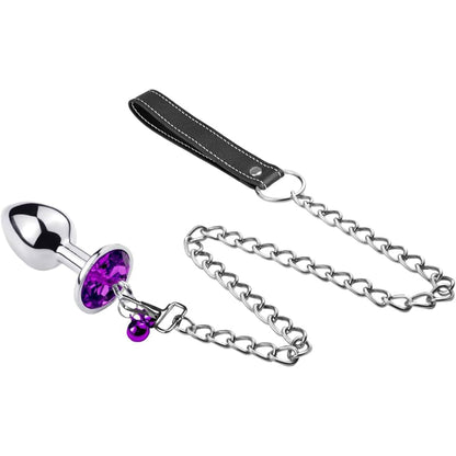 Set Dop Anal Loveplay™ GoodGirl, cu Lesa de 65 cm si Clopotei, Bijuterie Mov, din Otel Inoxidabil, Marime S, Lungime 70 mm, Diametru 27 mm, Forma Conica, Rezistent la Apa - LovePlay