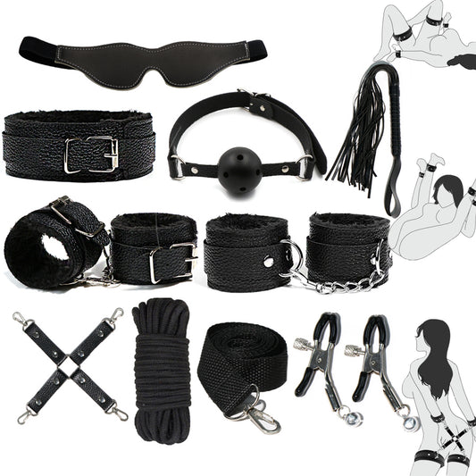 Set complet de accesorii BDSM YesSir LovePlay™ format din catuse pentru maini si picioare, bici, lesa, zgarda, masca de ochi, clesti pentru sfarcuri, prinzatori de pat, din piele ecologica, negru, ajustabil - LovePlay