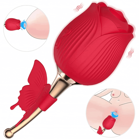 Vibrator LovePlay FullRose, cu 10 moduri de vibratie diferite, functie de suctiune, codita vibratoare pentru stimularea sanilor si a clitorisului, design discret, rezistent la apa, rosu, reincarcabil prin cablu usb