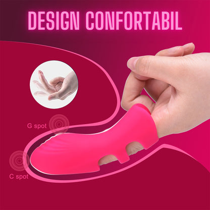 Vibrator LovePlay™ FingerVibe atasabil, cu 10 tipuri de vibratie diferite, rezistent la apa, silentios, incarcare prin USB, stimulare punct G si C, de dimensiuni mici, usor de transportat, din silicon, roz, elastic, 10, 5 x 3, 7 cm