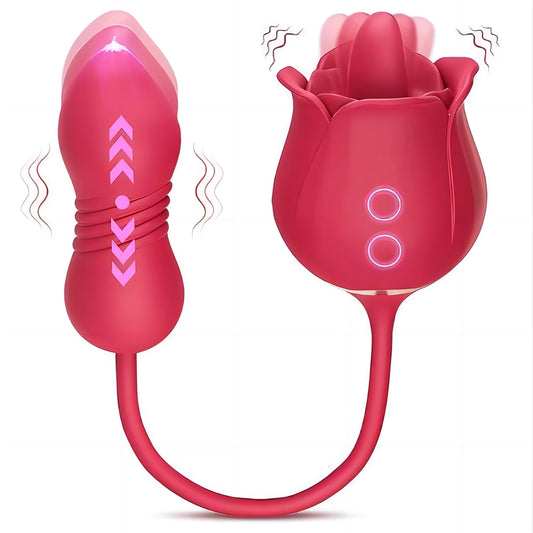 Vibrator dublu LovePlay DoubleFun, din silicon premium, cu 9 functii de vibratie, 9 functii de penetrare, reincarcabil, rezistent la apa, design discret si silentios, rosu