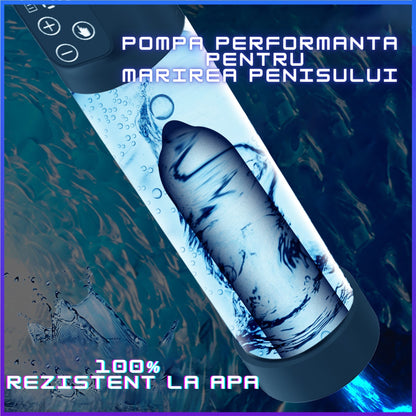 Pompa pentru penis LovePlay™ PowerPump, cu efect de suctie si vibratie puternice, pentru marirea penisului, rezistent la apa, rezistent la apa, incarcare prin USB, silentios, 28 x 6 cm, din silicon, negru - LovePlay
