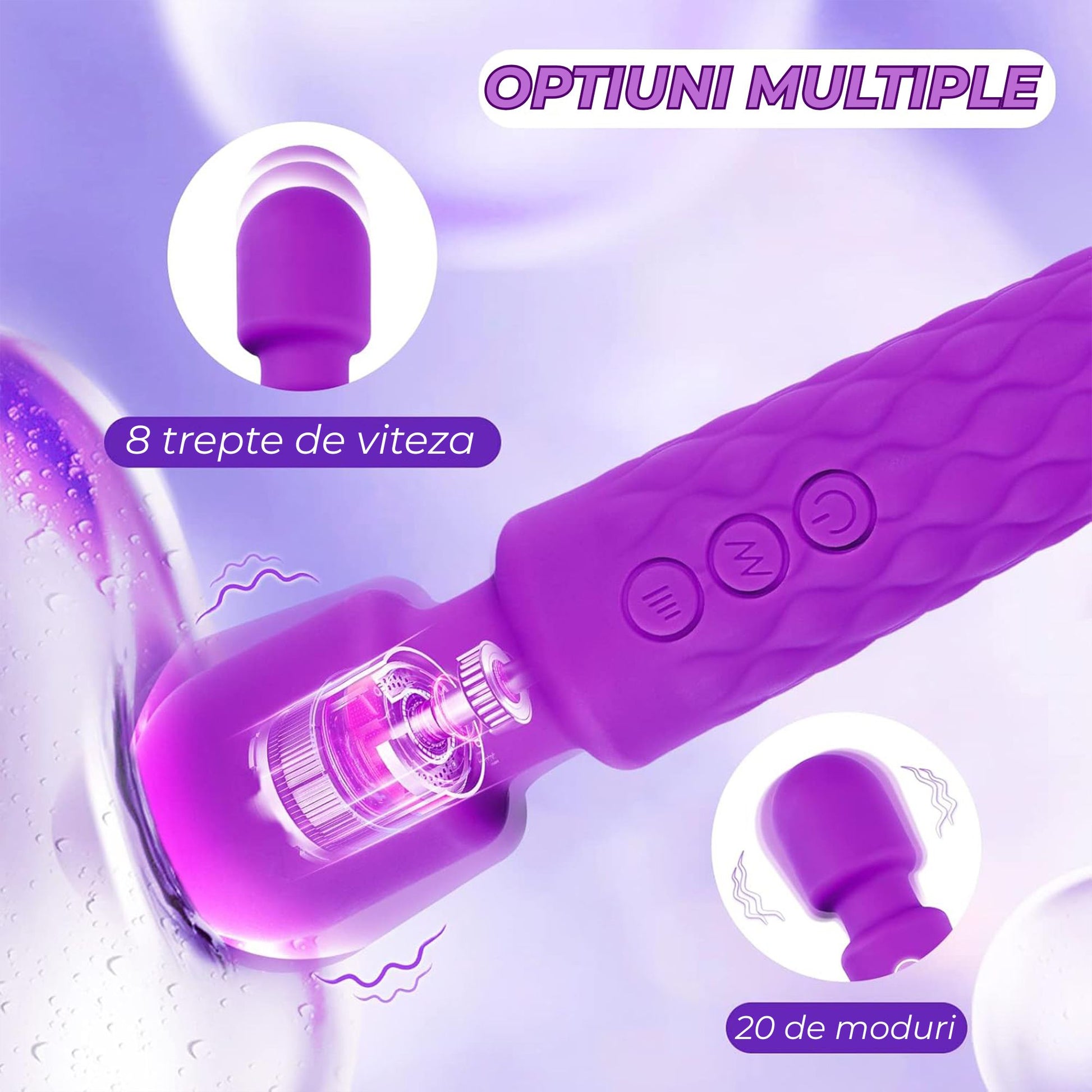 Vibrator LovePlay™ 20Pleasures, cu 20 de viteze, 10 feluri de vibratie diferite, functie de masaj, rezistent la apa, silentios, incarcare USB, usor de folosit si curatat, din silicon, mov, 25 cm, 161 g - LovePlay