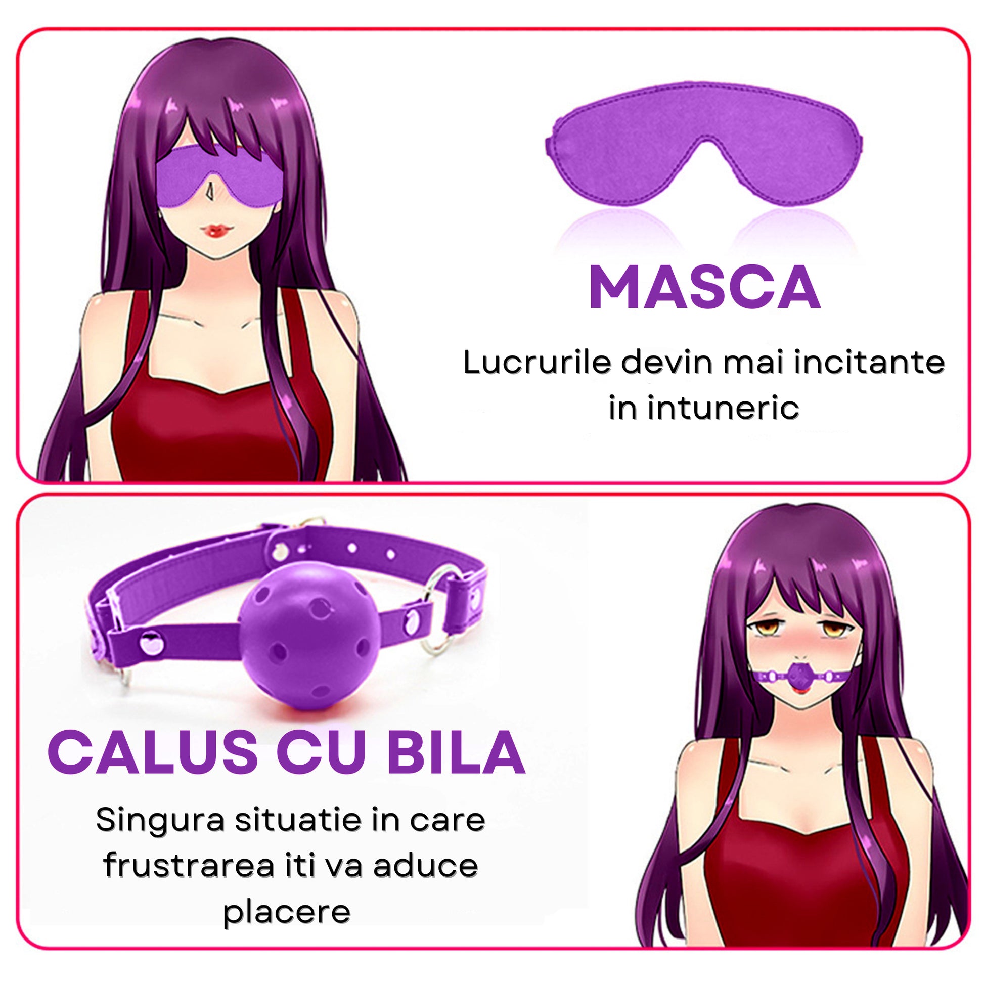 Set complet de accesorii BDSM YesSir LovePlay™ format din catuse pentru maini si picioare, bici, lesa, zgarda, masca de ochi, clesti pentru sfarcuri, prinzatori de pat, din piele ecologica, mov, ajustabil - LovePlay