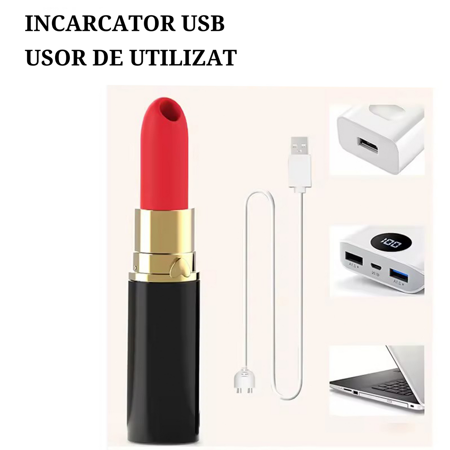 Vibrator Red Lipstick LovePlay™, design discret si silentios, cu patru capete interschimbabile, rezistent la apa - LovePlay