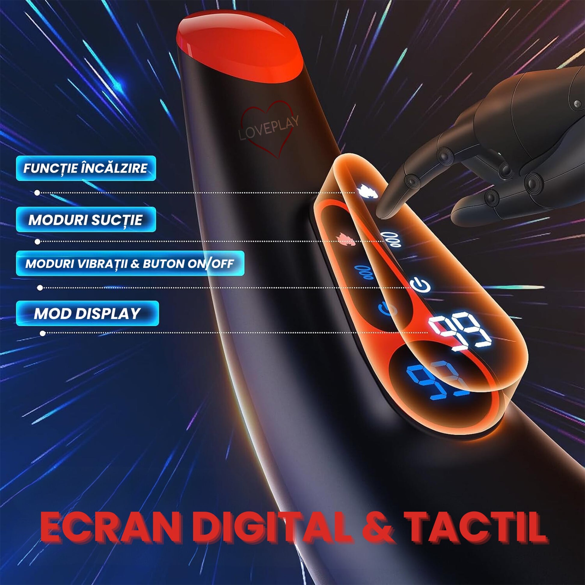 Masturbator LovePlay™ cu 9 moduri de vibratii, 9 moduri de suctie, functie de incalzire, control prin aplicatie, silentios, adancime penetrare 16 cm, design realist, ecran LCD, din silicon premium moale, rezistent la apa, ambalaj discret, usor de folosit - LovePlay