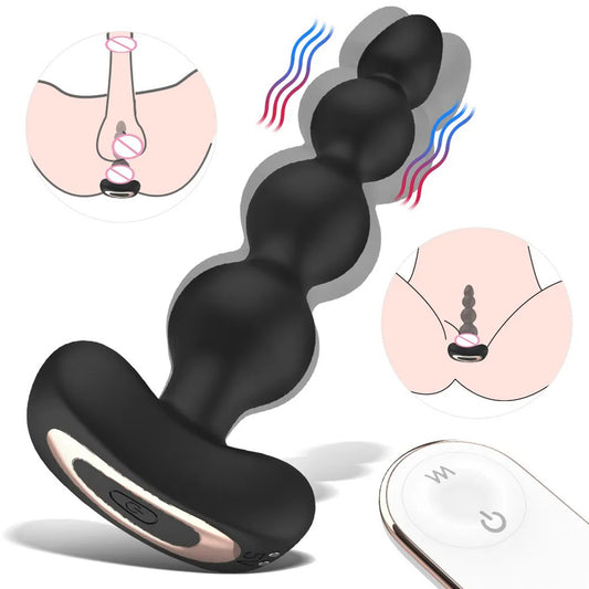 Vibrator anal si vaginal LovePlay™ BackDoor cu 9 moduri de vibratie, control prin telecomanda, flexibil cu striatii sferice, din silicon moale non-toxic, cu incarcare USB, design silentios, rezistent la apa, lungime inserabila 15.6 cm