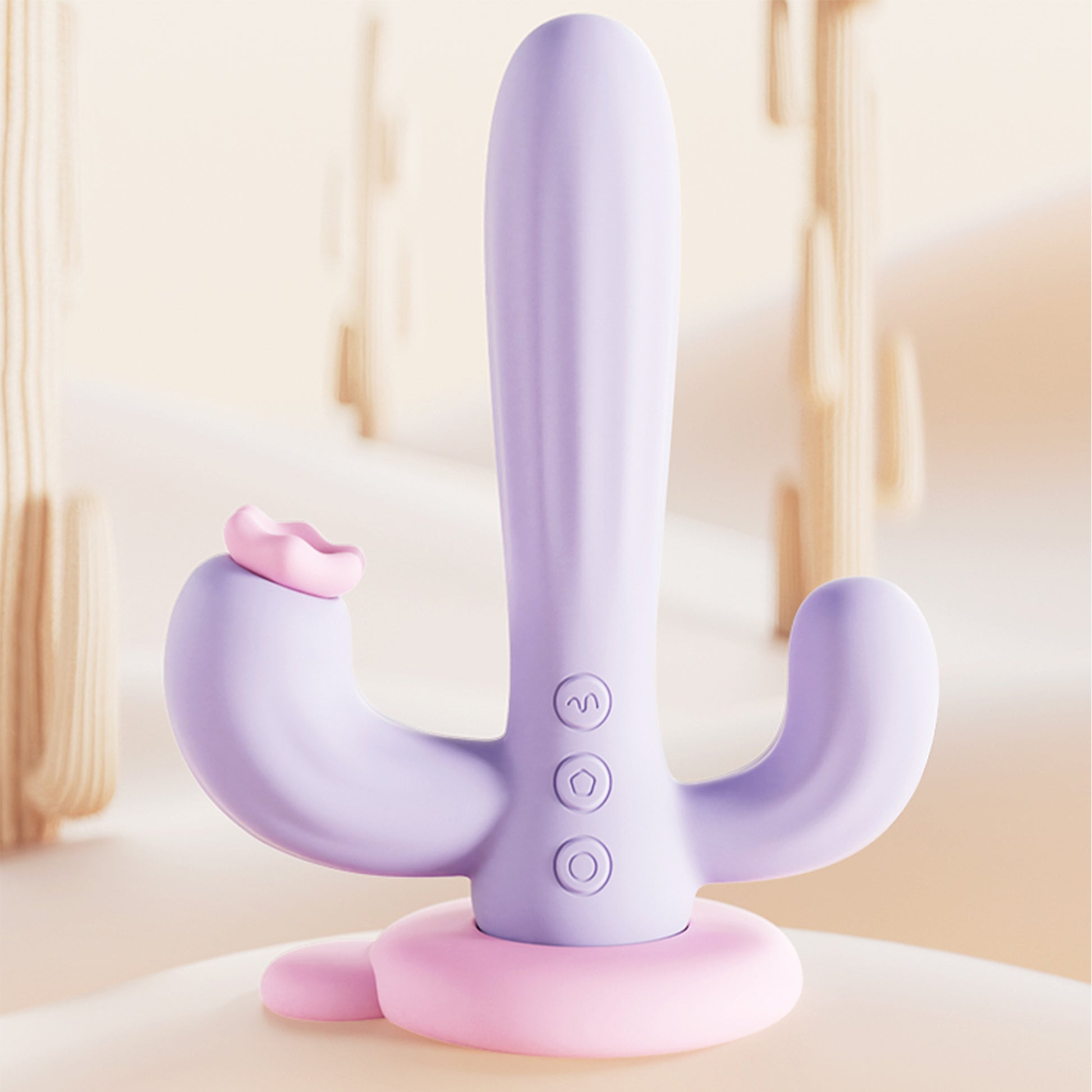 Vibrator LovePlay™ Cactus cu 10 tipuri diferite de vibratie si suctie, stimulare tripla, punctul G, punctul C si anal, din silicon, mov, rezistent la apa, incarcare magnetica, design discret, usor de folosit - LovePlay
