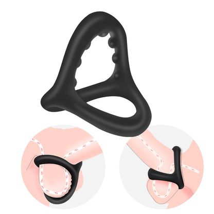Inel pentru penis LovePlay™ 3 in 1 Late, BDSM, cu efect de intarziere a ejacularii, placere dubla si stimularea ambilor parteneri, pentru cupluri, din silicon, negru, moale, usor de folosit, rezistent la apa, 8 g - LovePlay