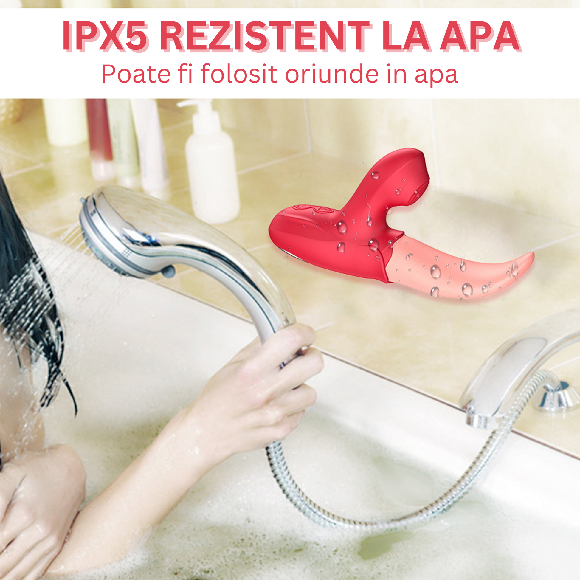 Vibrator Dual LovePlay LickMe, 10 moduri de vibratie, cu stimulare clitoridiana si penetrare ce imita miscarea limbii, pentru punctele A, G, U, C, rezistent la apa, silicon non-toxic, rosu - LovePlay
