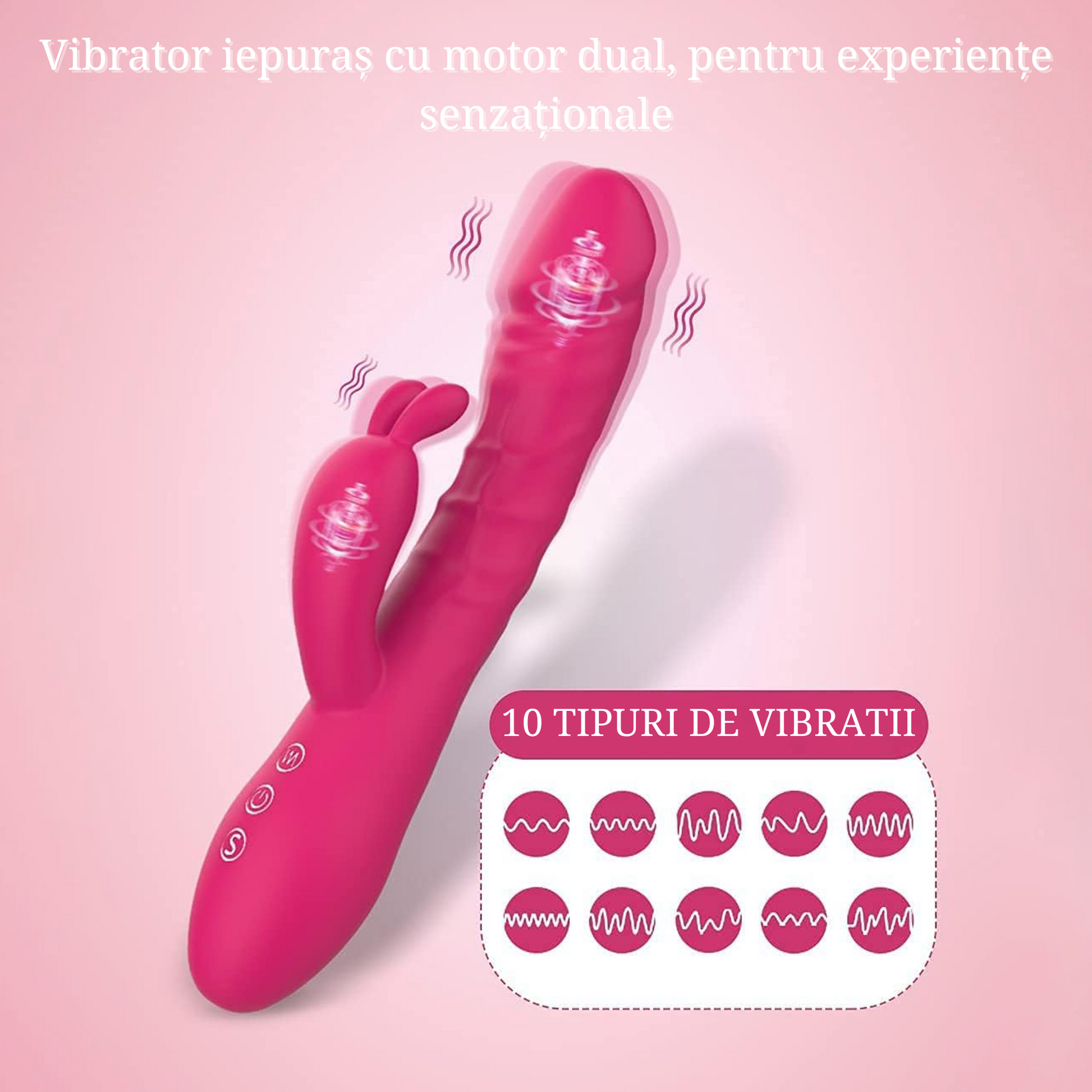 Vibrator LovePlay™ Bunny, cu 10 moduri diferite pentru stimulare dubla: clitoris si punctul G, cu functie de penetrare, dildo realist, tip iepure, rezistent la apa, din silicon non-toxic, lungime inserabila 14 cm, roz - LovePlay