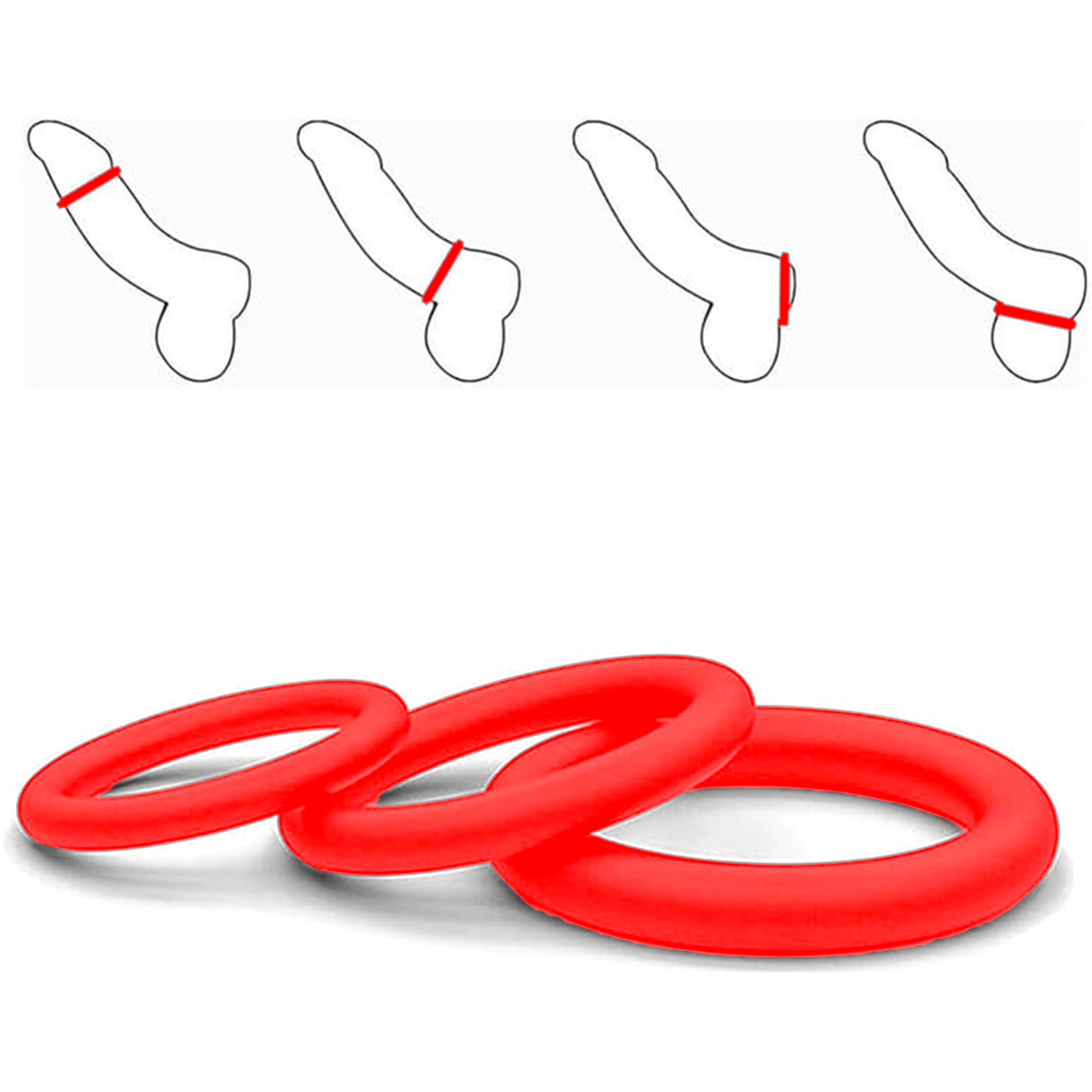 Set 3 inele de penis LovePlay™ pentru mentinerea erectiei si intarzierea ejacularii, din silicon, 3 dimeniuni: 5cm, 4cm si 3cm, rosu, confortabile si usor de utilizat - LovePlay