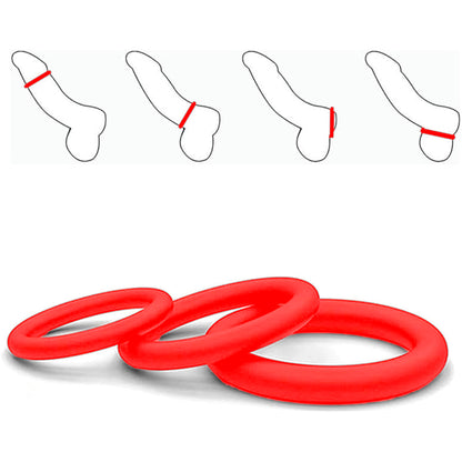 Set 3 inele de penis LovePlay™ pentru mentinerea erectiei si intarzierea ejacularii, din silicon, 3 dimeniuni: 5cm, 4cm si 3cm, rosu, confortabile si usor de utilizat - LovePlay
