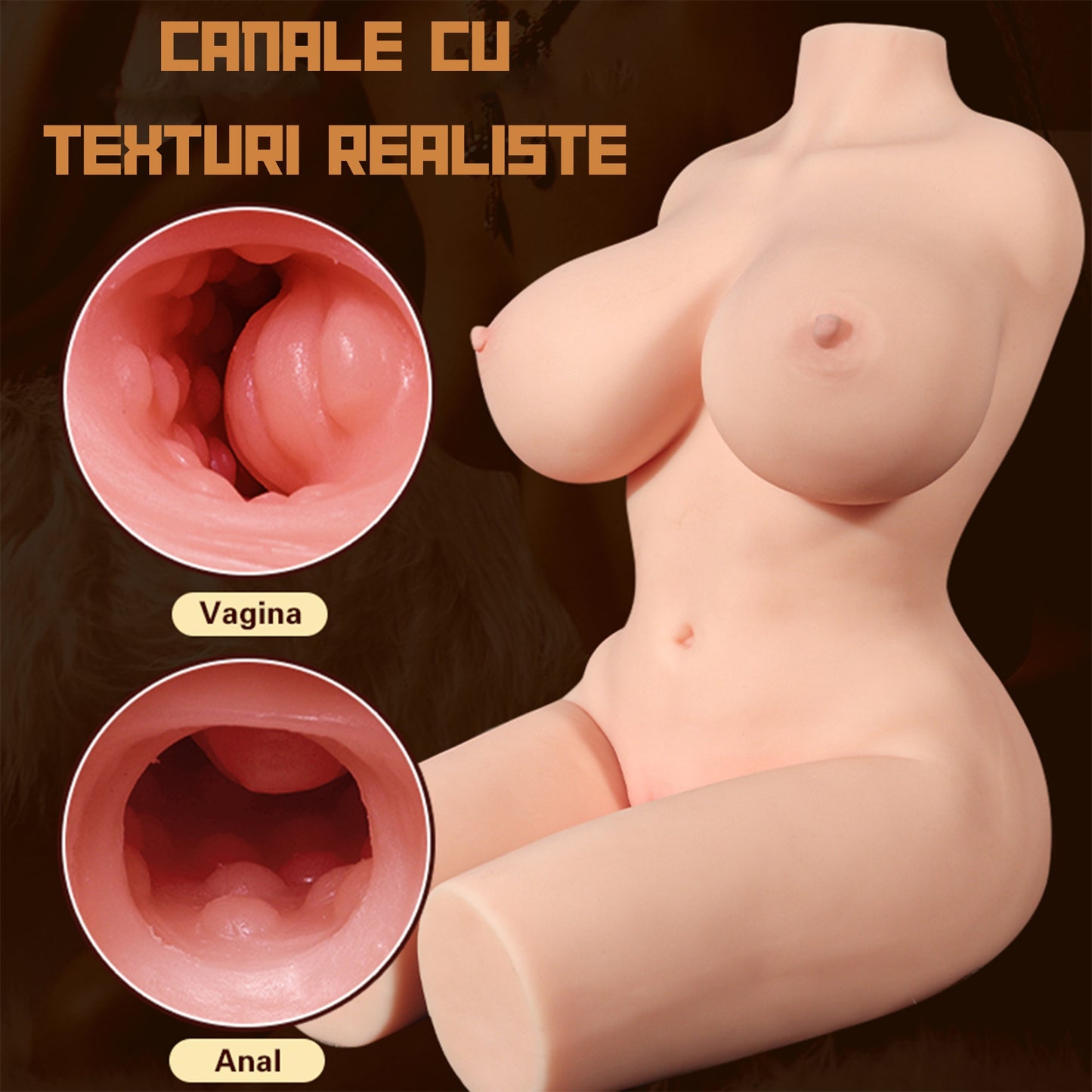 Masturbator LovePlay™ SexDoll cu sani si coapse, cu doua canale: vaginal si anal, cu striatii 3D, rezistent la apa, din silicon premium, greutate 13.25 kg - LovePlay