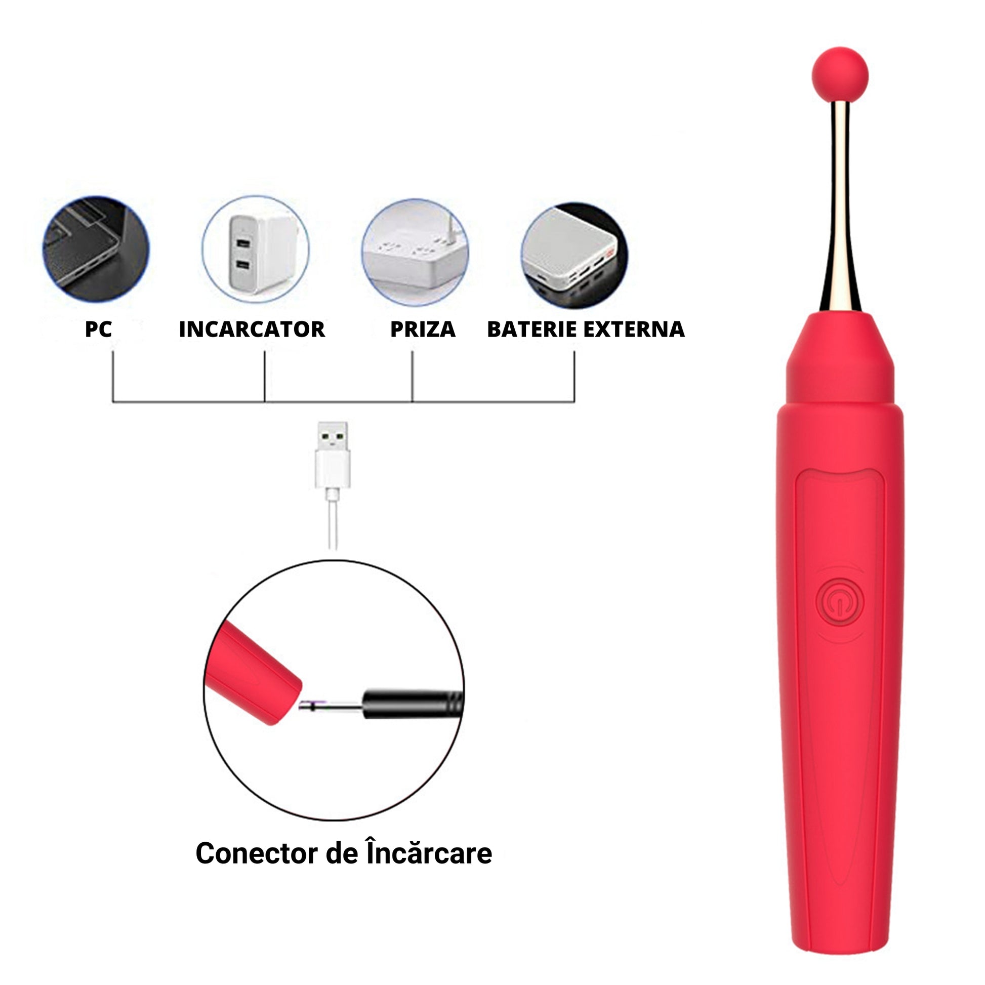 Vibrator LovePlay™ RedPen cu 10 moduri diferite de vibratie, sub forma de pix, cu 3 capuri diferite, diferite moduri de stimulare, rezistent la apa, incarcare USB, design discret, usor de curatat si transportat, 17.6 x 2.6cm, din silicon, rosu - LovePlay