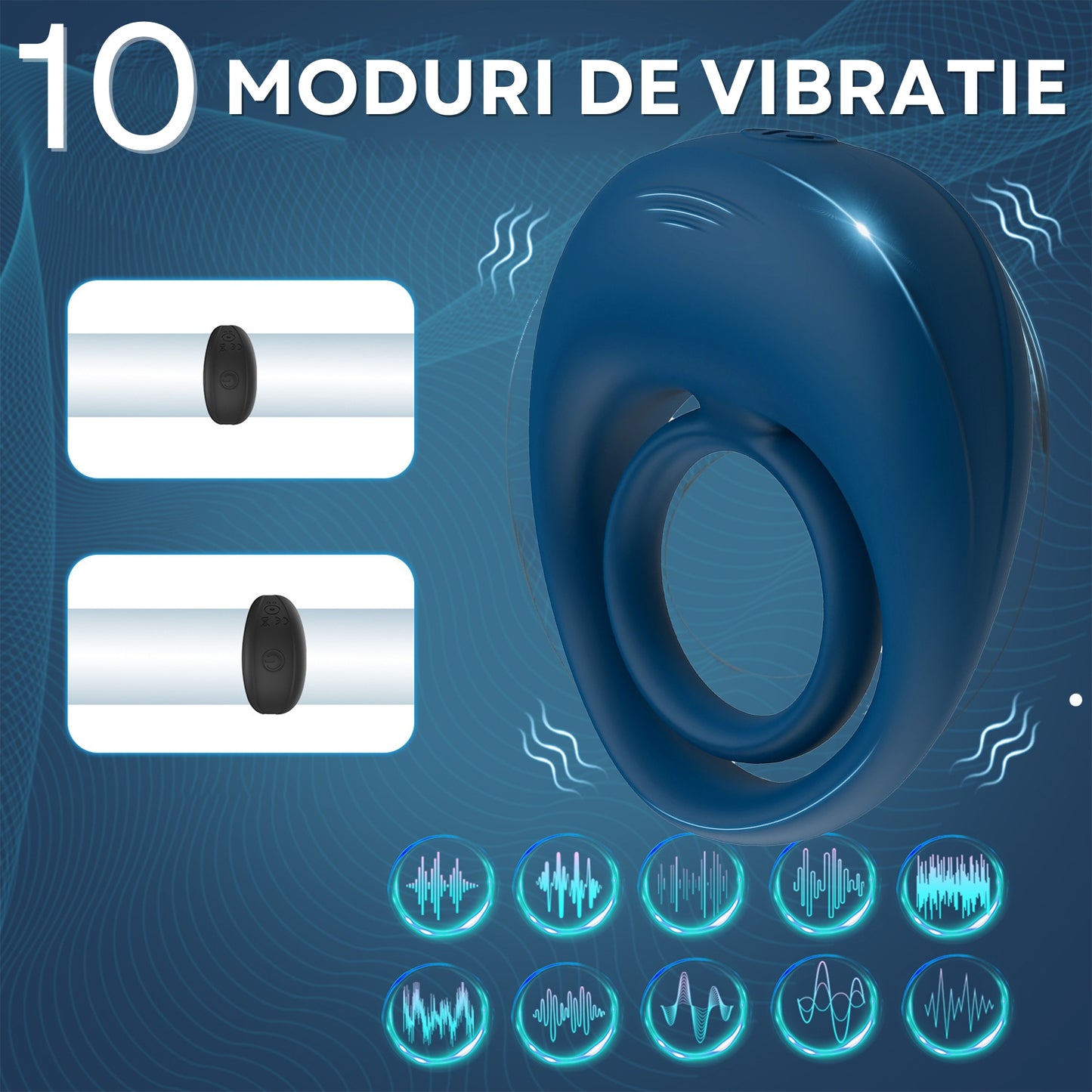 Inel de penis StayHard LovePlay™ , cu 10 moduri de vibratie, cu efect de interziere ejaculare, reincarcabil USB, silentios, rezistent la apa, din silicon, albastru - LovePlay