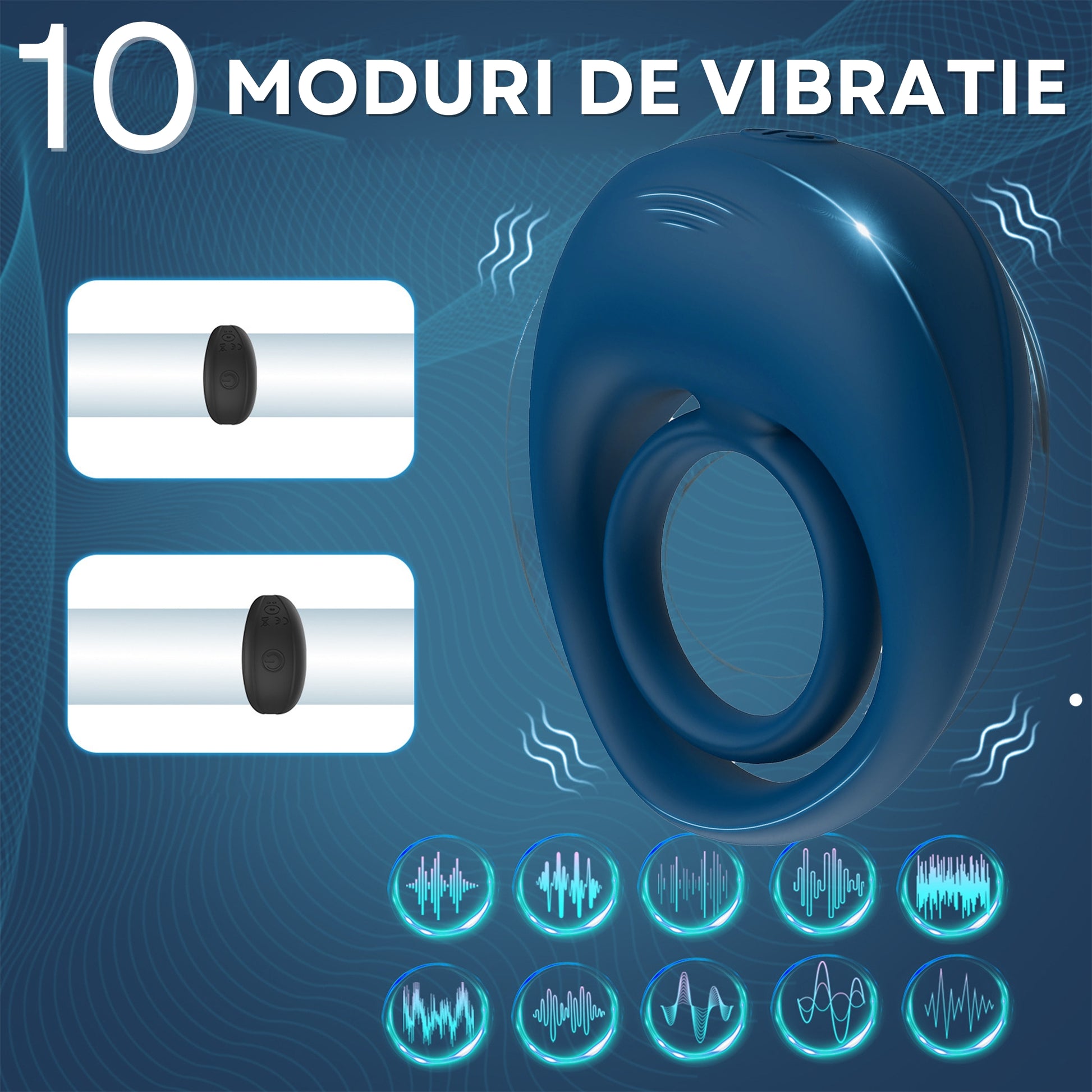 Inel de penis StayHard LovePlay™ , cu 10 moduri de vibratie, cu efect de interziere ejaculare, reincarcabil USB, silentios, rezistent la apa, din silicon, albastru - LovePlay