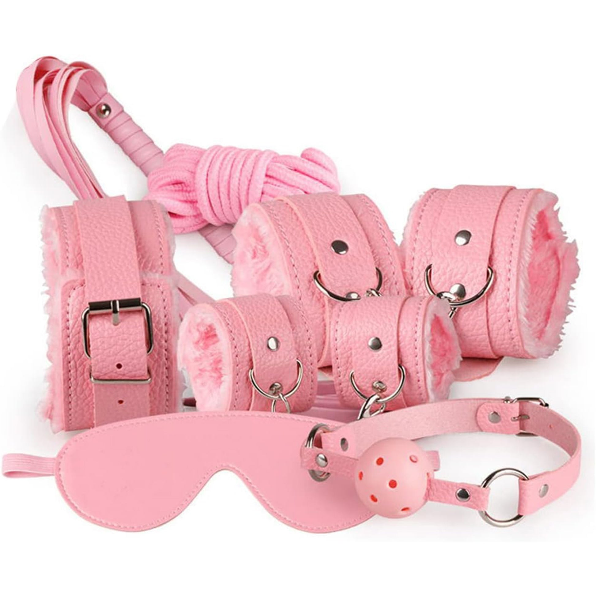 Set complet de accesorii BDSM YesSir LovePlay™ format din catuse pentru maini si picioare, bici, lesa, zgarda, masca de ochi, clesti pentru sfarcuri, prinzatori de pat, din piele ecologica, roz, ajustabil - LovePlay
