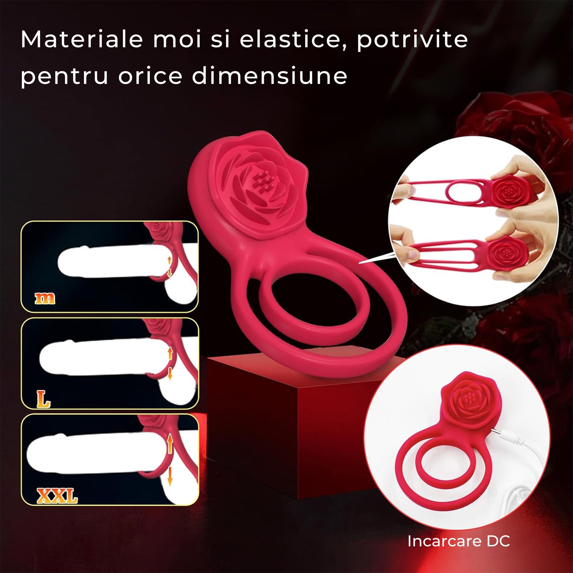 Vibrator LovePlay™ 2 in 1 RosePlay, cu inel dublu pentru penis si testicule, stimulare clitoris si punct G, 7 moduri vibratie, reincarcabil USB, silentios, rezistent la apa, silicon, rosu pudrat - LovePlay