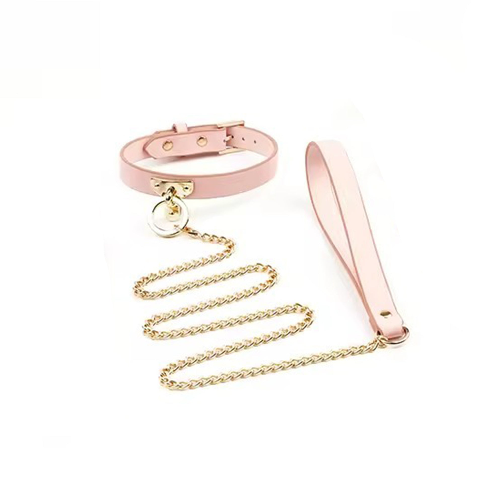 Lesa LovePlay™ GoodGirl din piele naturala, roz, premium, cu lant auriu, BSDM, pentru jocuri de cupluri, zgarda 42 x 1.8 cm, lesa 74.7 cm, 138 g - LovePlay
