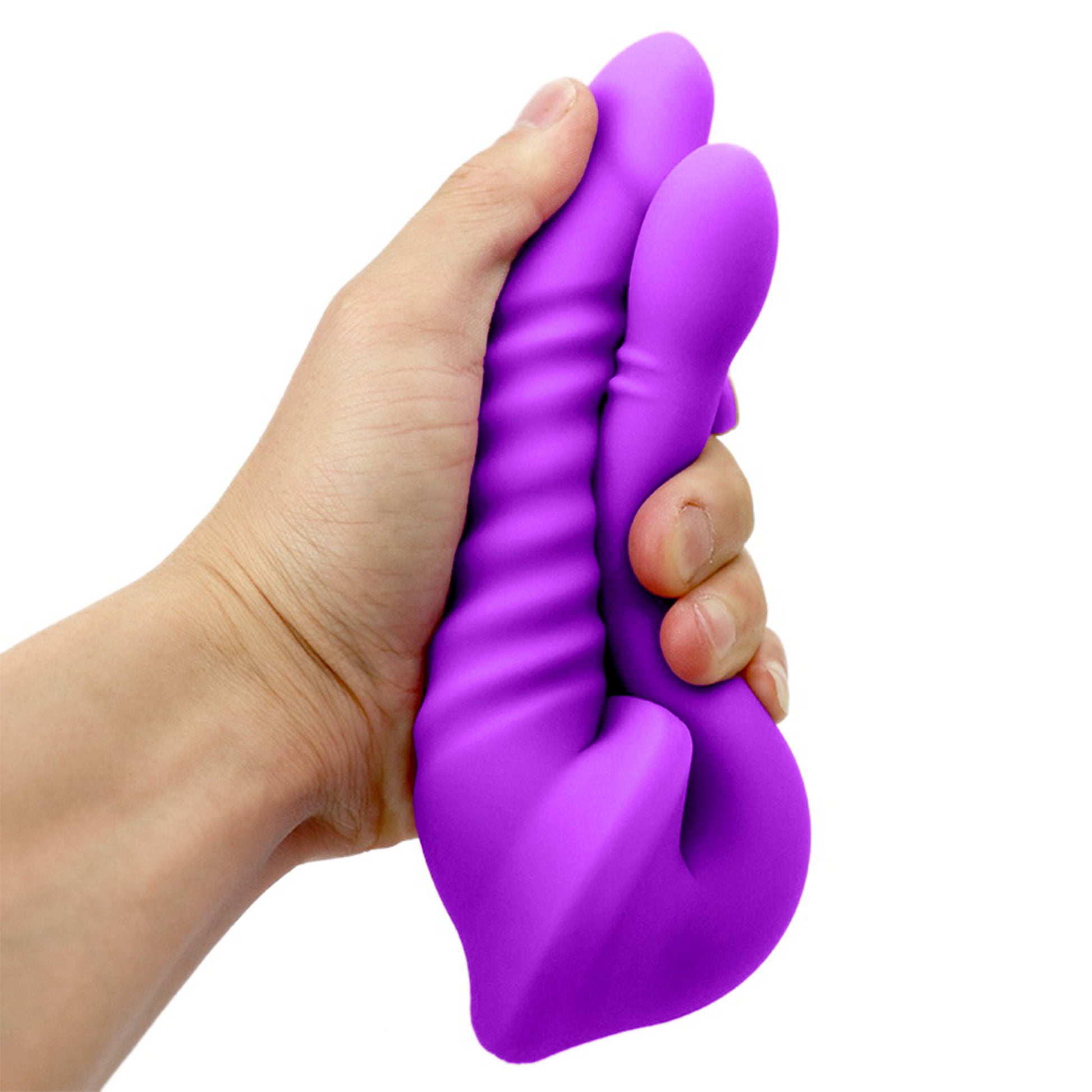 Dildo Dublu Strapless Loveplay™ DualLove din Silicon Premium, Lungime Inserabila 15 cm, respectiv 14 cm, Grosime 3.2 cm / 2.2 cm, Unghi Natural 45°, Flexibil, Moale, Rezistent la Apa, Compatibil cu Lenjerie Speciala, Potrivire Confortabila, Culoare Mov - LovePlay