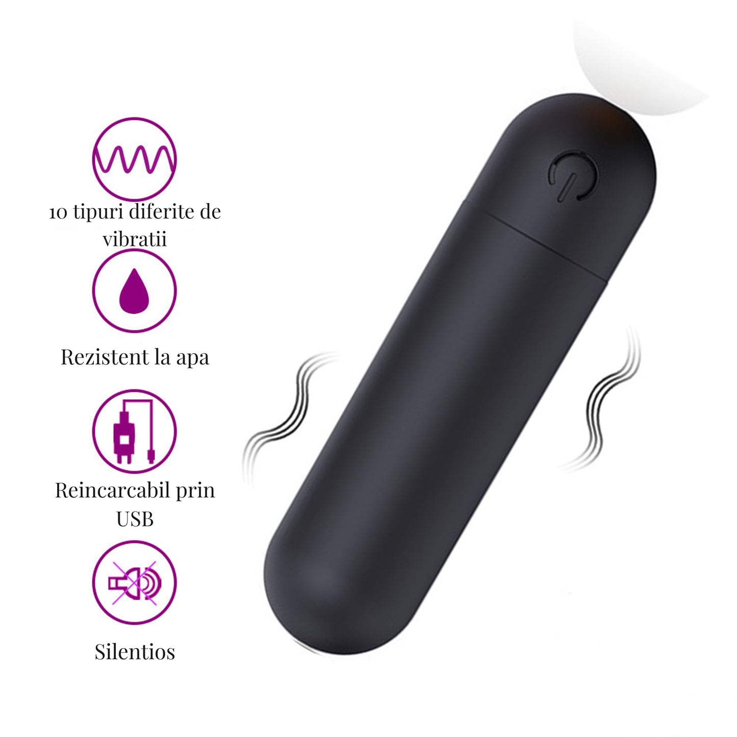 Vibrator LovePlay™ Mini, cu 10 moduri de vibratie, silentios, rezistent la apa, incarcare USB, usor de transportat si curatat, design discret, negru, din silicon, 7.5 cm - LovePlay