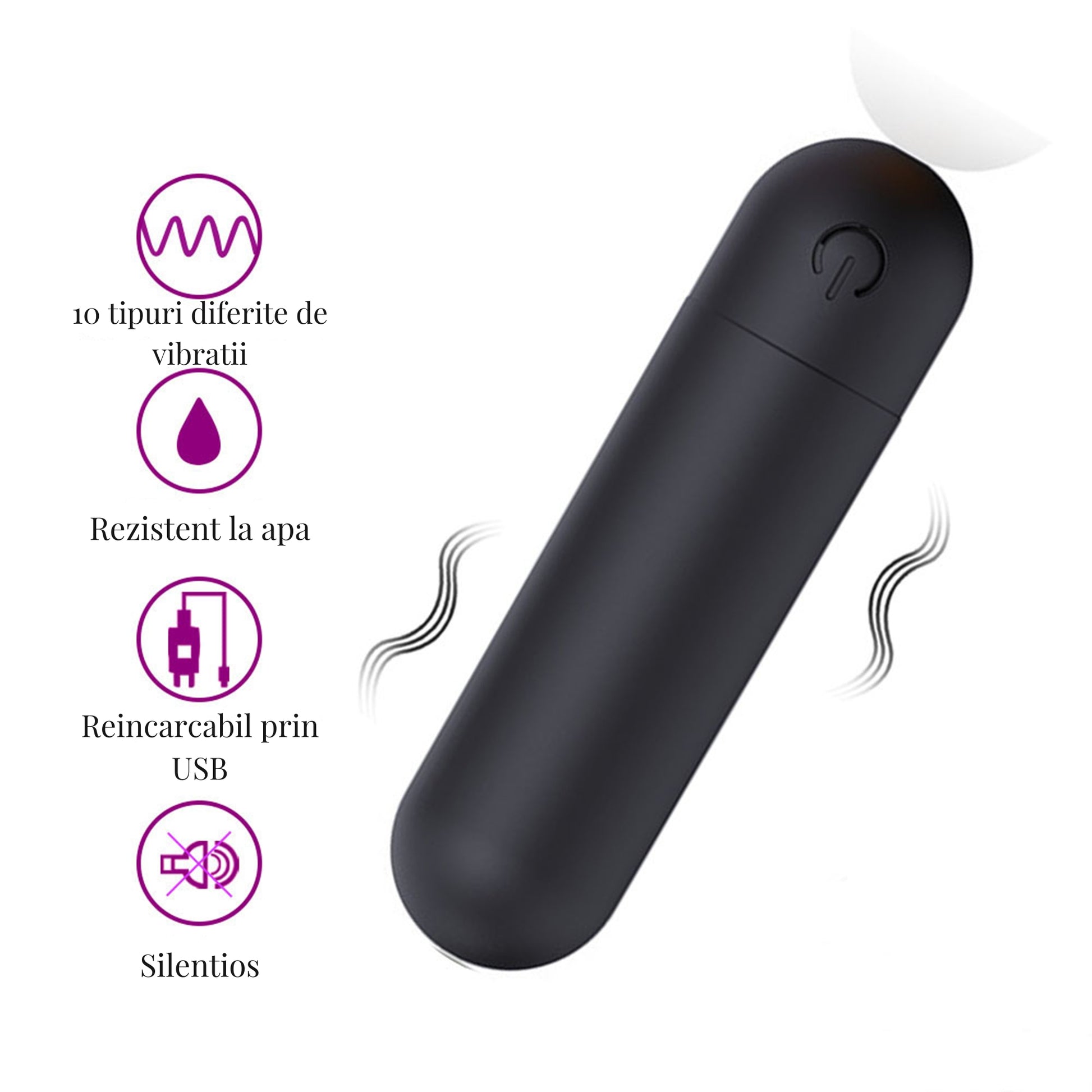 Vibrator LovePlay™ Mini, cu 10 moduri de vibratie, silentios, rezistent la apa, incarcare USB, usor de transportat si curatat, design discret, negru, din silicon, 7.5 cm - LovePlay