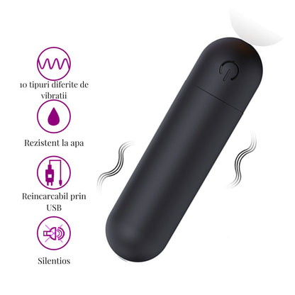 Vibrator LovePlay™ Mini, cu 10 moduri de vibratie, silentios, rezistent la apa, incarcare USB, usor de transportat si curatat, design discret, negru, din silicon, 7.5 cm - LovePlay