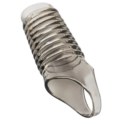 Manson de penis LovePlay™ din silicon premium, cu efect de intarziere a ejacularii, design striat pentru stimulare intensa, fixare sigura cu inel de prindere, negru, 11.5 x 3.5 cm - LovePlay