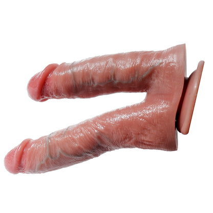 Dildo dublu LovePlay ™ DoubleHeads, cu doua capete, stimulare vaginala si anala, din silicon de inalta calitate, cu fixare prin ventuza puternica, vene proeminente, design ultra-realist, 18 cm, respectiv 21 cm - LovePlay