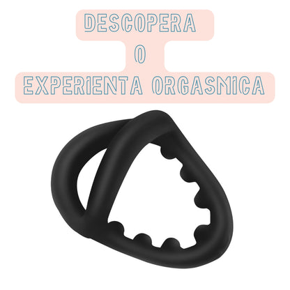 Inel pentru penis LovePlay™ 3 in 1 Late, BDSM, cu efect de intarziere a ejacularii, placere dubla si stimularea ambilor parteneri, pentru cupluri, din silicon, negru, moale, usor de folosit, rezistent la apa, 8 g - LovePlay