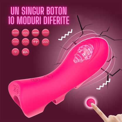 Vibrator LovePlay™ FingerVibe atasabil, cu 10 tipuri de vibratie diferite, rezistent la apa, silentios, incarcare prin USB, stimulare punct G si C, de dimensiuni mici, usor de transportat, din silicon, roz, elastic, 10, 5 x 3, 7 cm