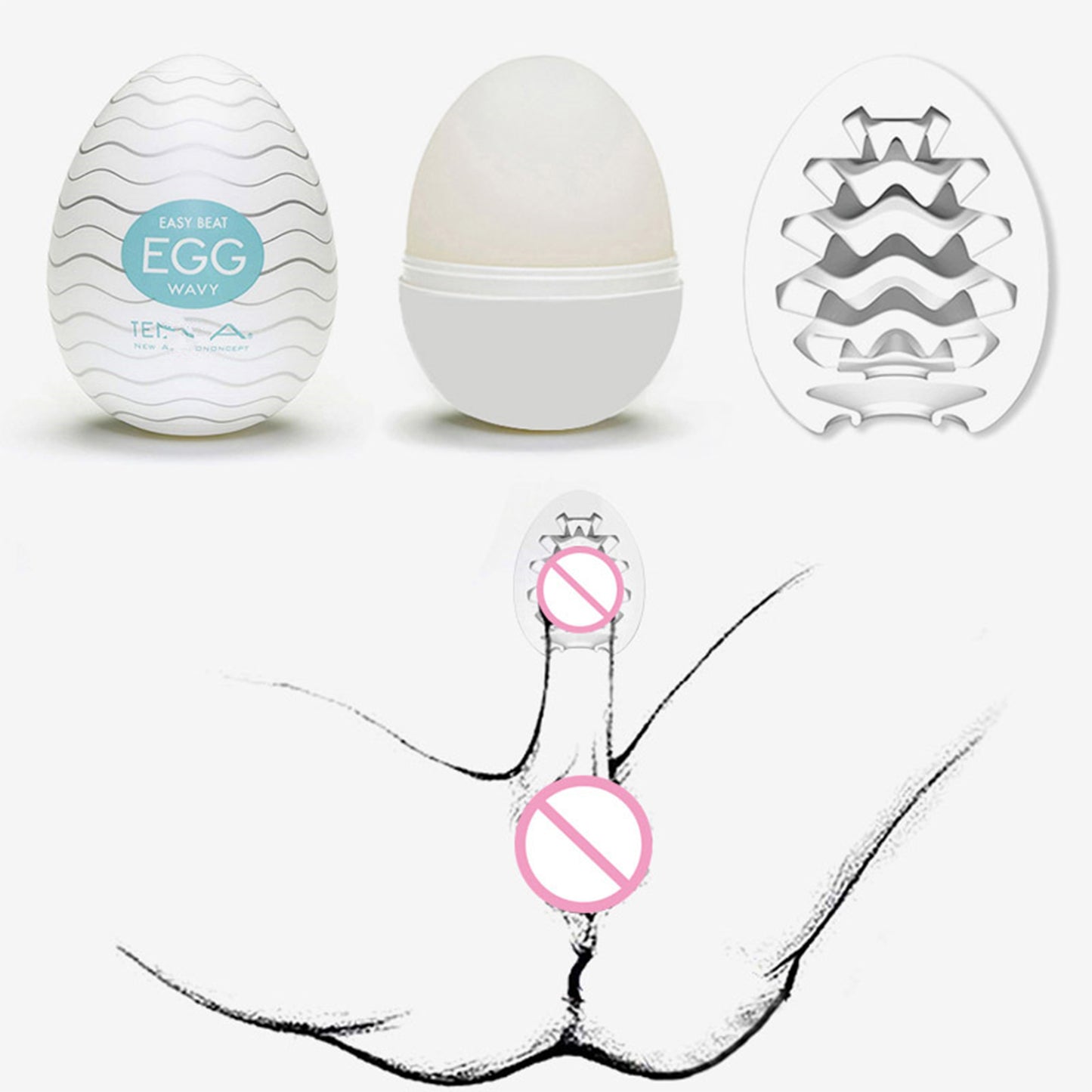 Masturbator tip vagin LovePlay™ Egg, cu textura de valuri, portabil, din silicon, turcoaz - LovePlay