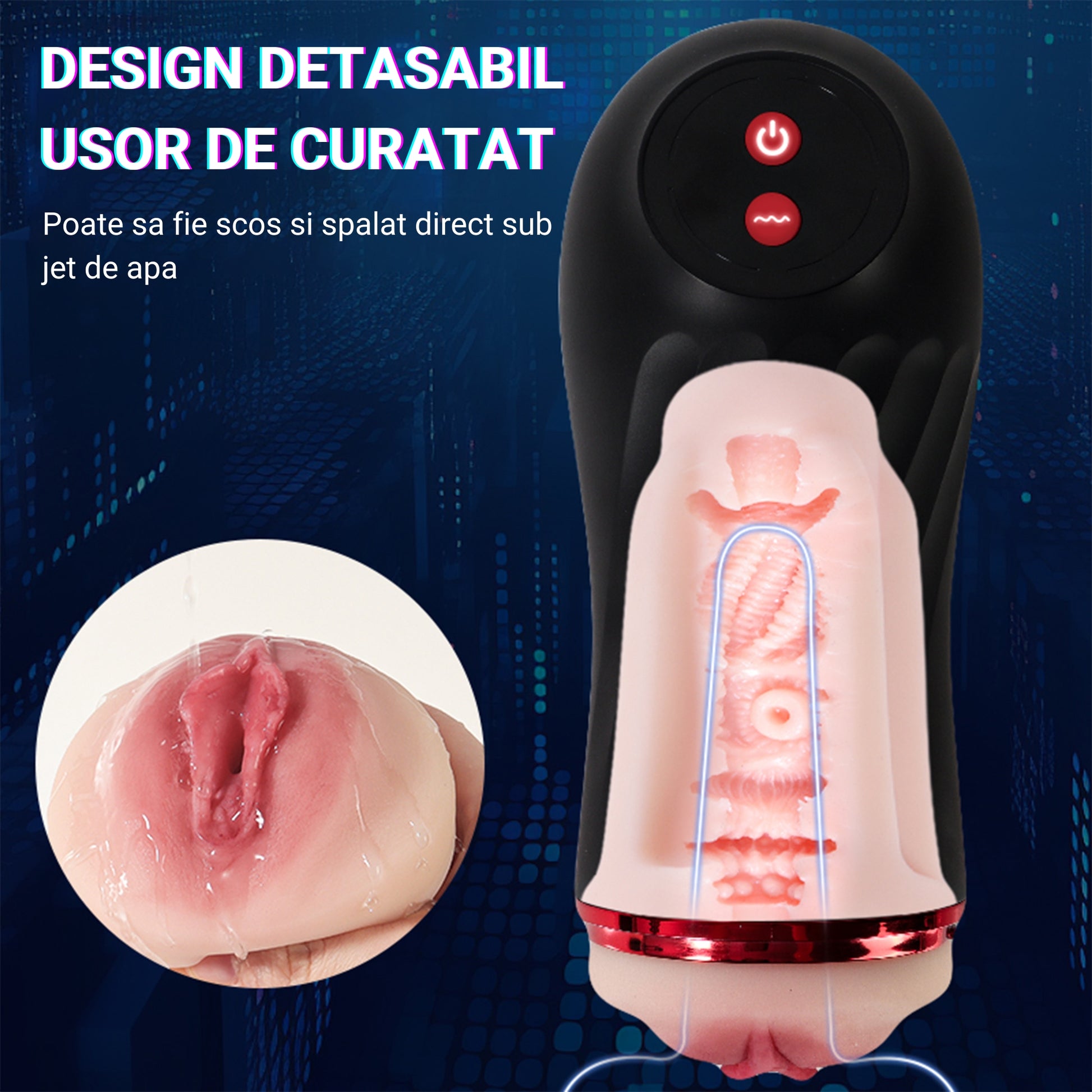 Fleshlight Masturbator LovePlay™ SecretHer, cu 10 Tipuri de Vibratie, cu Stimulare Orala si functie Deep Throat, Incarcare prin USB, Rezistent la apa, Negru, din Silicon, Capacitate Baterie de peste o ora - LovePlay