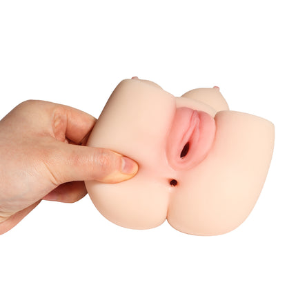 Masturbator doua canale LovePlay™ SexDoll plus size, ultra-realist, cu striatii 3D, din silicon premium non-toxic, design coapse anatomic, usor de curatat, din silicon elastic si rezistent la apa, 12 x 16 x 8 cm, 850 g