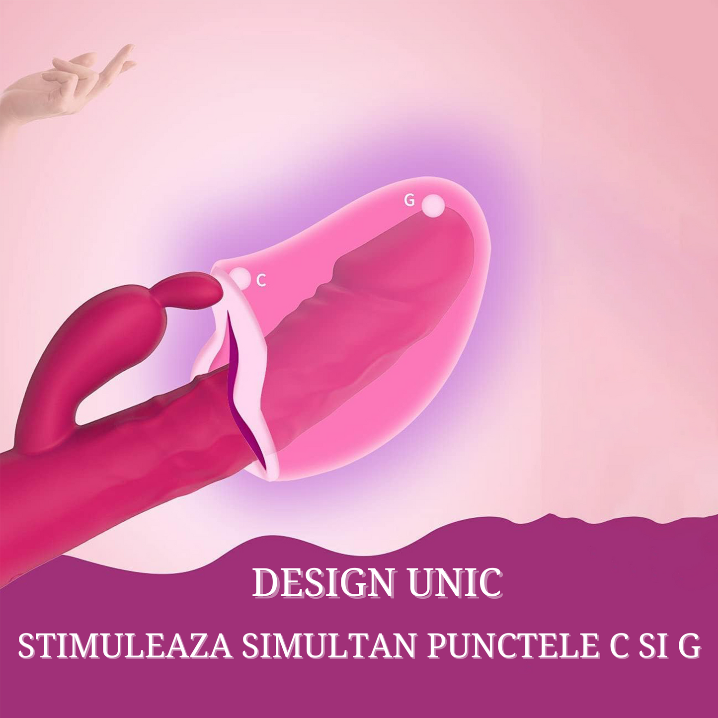 Vibrator LovePlay™ Bunny, cu 10 moduri diferite pentru stimulare dubla: clitoris si punctul G, cu functie de penetrare, dildo realist, tip iepure, rezistent la apa, din silicon non-toxic, lungime inserabila 14 cm, roz - LovePlay