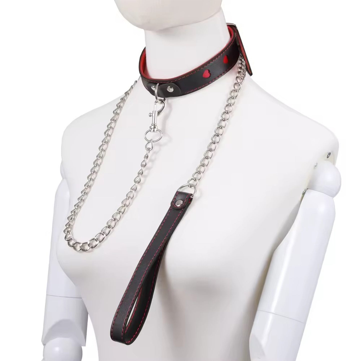 Set 2in1 WalkMe LovePlay™ cu zgarda si lesa erotice BDSM, din piele egologica, negru cu rosu, ajustabil, cu lant din otel inoxidabil argintiu, zgarda 48.8 cm, lesa 100 cm, 142.5 g - LovePlay