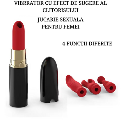 Vibrator Red Lipstick LovePlay™, design discret si silentios, cu patru capete interschimbabile, rezistent la apa - LovePlay