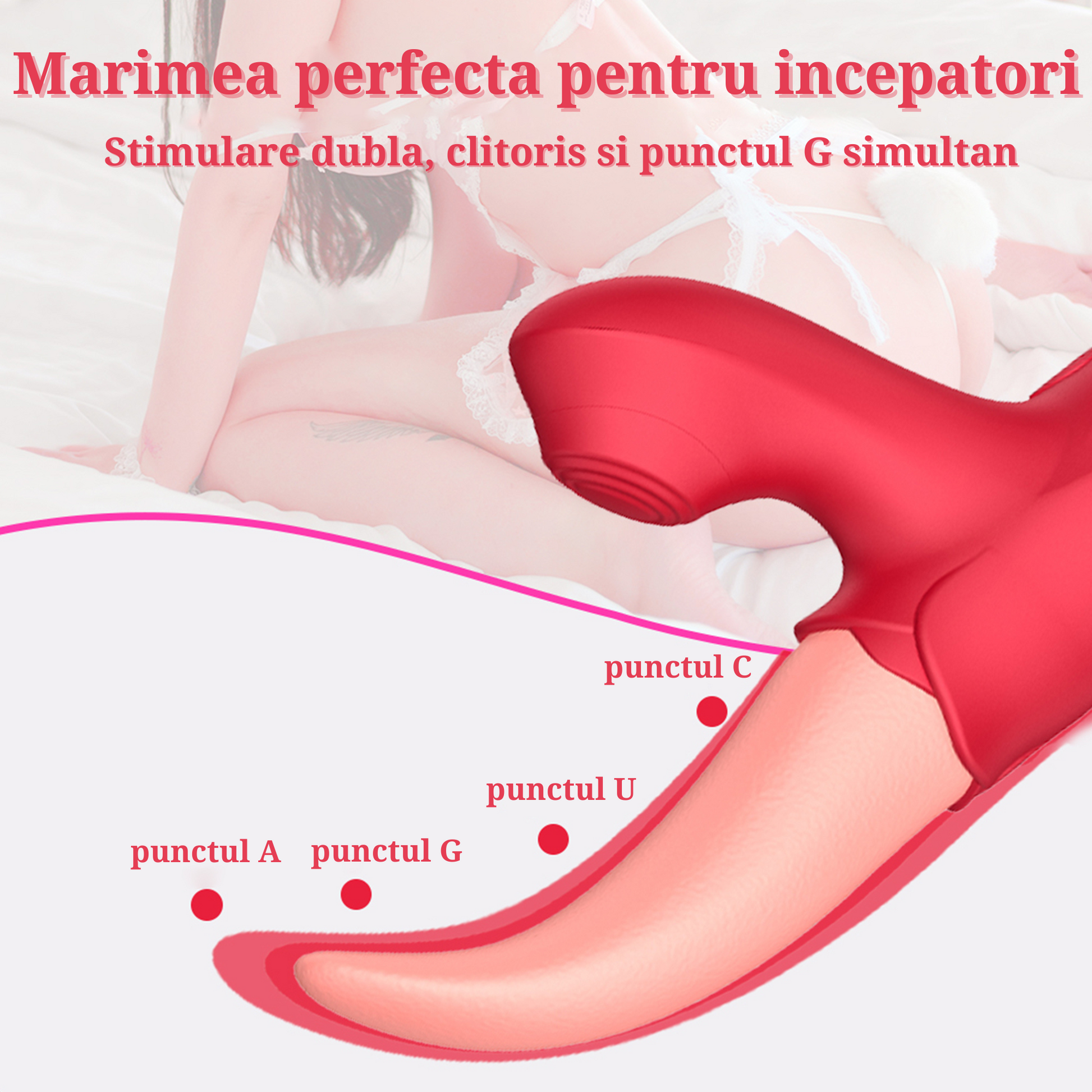 Vibrator Dual LovePlay LickMe, 10 moduri de vibratie, cu stimulare clitoridiana si penetrare ce imita miscarea limbii, pentru punctele A, G, U, C, rezistent la apa, silicon non-toxic, rosu - LovePlay