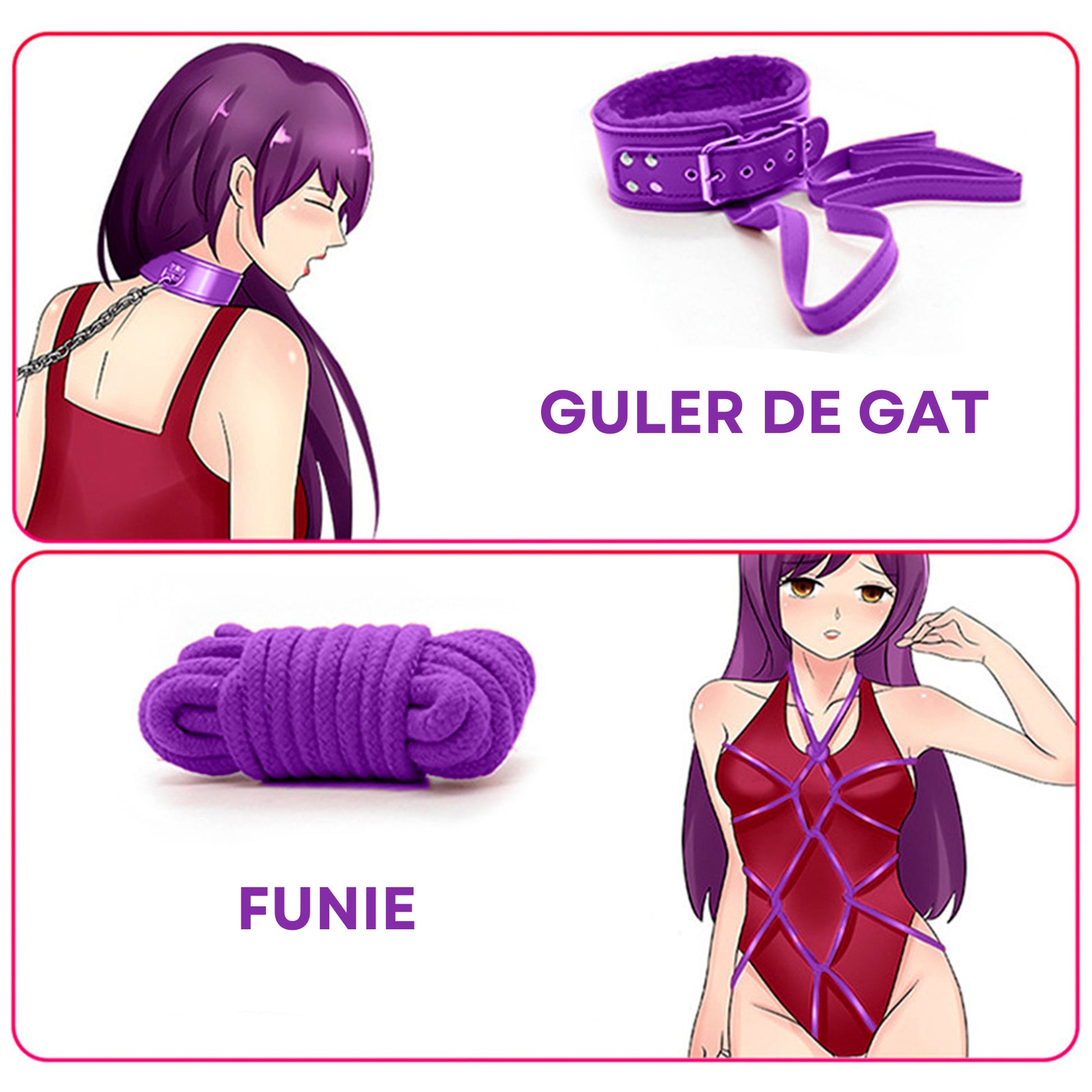 Set complet de accesorii BDSM YesSir LovePlay™ format din catuse pentru maini si picioare, bici, lesa, zgarda, masca de ochi, clesti pentru sfarcuri, prinzatori de pat, din piele ecologica, mov, ajustabil - LovePlay