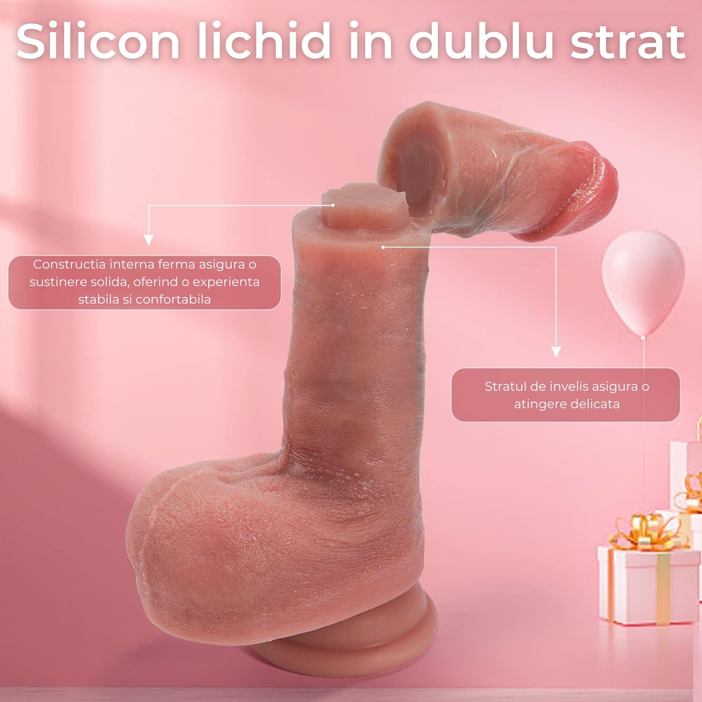 Dildo Ultra-Realistic Loveplay™ ClassicHim, cu vene proeminente din silicon de inalta calitate , cu ventuza pentru fixare usoara, rezistent la apa, 21.5 cm - LovePlay