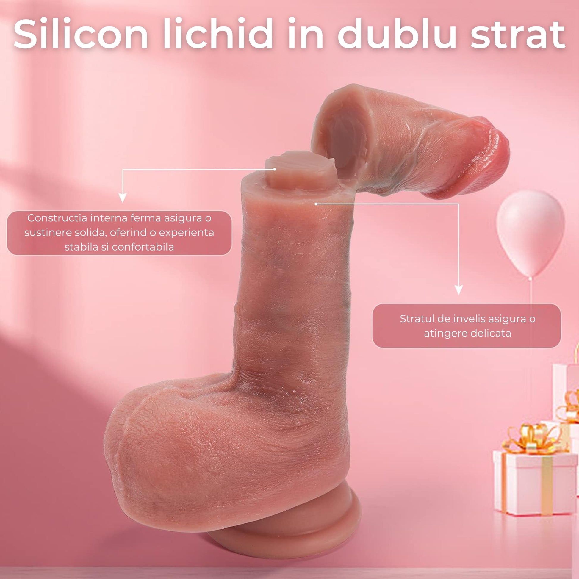 Dildo Ultra-Realistic Loveplay™ ClassicHim, cu vene proeminente din silicon de inalta calitate , cu ventuza pentru fixare usoara, rezistent la apa, 21.5 cm - LovePlay